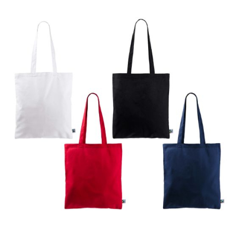 Ensemble de sacs cabas en coton déclinés en blanc, noir, rouge et bleu marine ; aucune personnalisation visible.