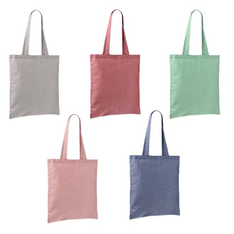 Ensemble de cinq tote bags colorés (gris, rouge, vert, rose, bleu) présentés de face, sans marquage visible