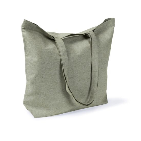 Sac cabas vert en coton rPET recyclé présenté de trois quarts, soufflets latéraux visibles, sans marquage visible