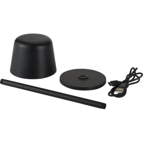 Vue détaillée des éléments d’une lampe noire : abat-jour, tige centrale, base circulaire et câble USB-C fourni ; sans marquage v