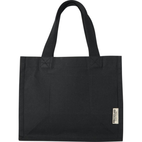 Tote bag recyclé noir vu de dos, forme rectangulaire, anses cousues en croix ; aucune personnalisation apparente, vue permettant
