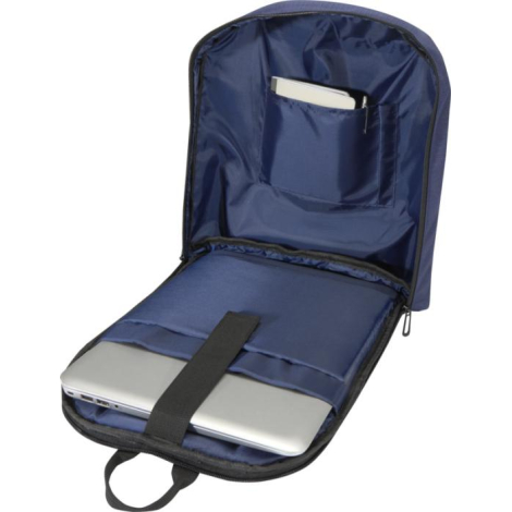 Intérieur du sac complètement ouvert, compartiment rembourré pour ordinateur, pochette tablette et rangement ouvert visibles ; s