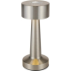 Lampe de table cylindrique en métal brossé, vue de face, abat-jour circulaire et socle arrondi visibles ; marquage présent sur l