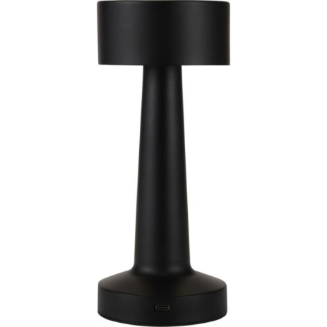 Lampe noire vue de dos, port de charge USB-C intégré dans la base clairement visible ; sans marquage apparent, vue descriptive d
