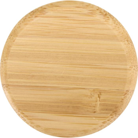 Gros plan sur le dessus du couvercle en bambou, surface lisse sans personnalisation visible.