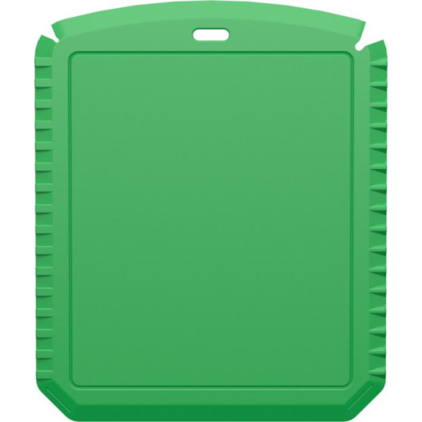 Grattoir vert présenté de face, surface plane encadrée, ouverture ovale sur la partie haute ; aucune personnalisation apparente,