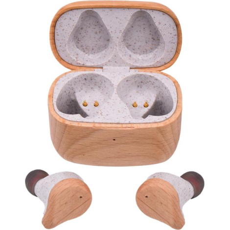 Boîtier ouvert vu de face, écouteurs positionnés au premier plan ; marquage clairement visible sur l’avant du boîtier, vue descr