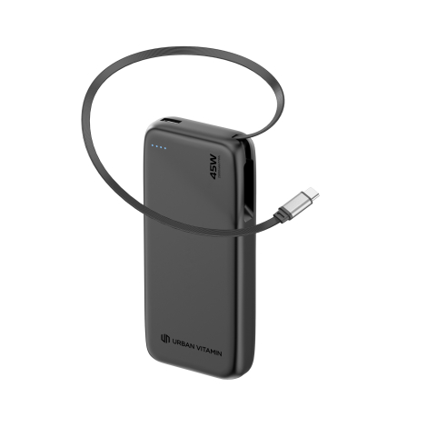 Powerbank San Mateo présenté verticalement avec câble USB-C intégré entièrement déployé formant une boucle, façade recto et voya