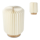 Lampe LED en papier pliable 22 cm sur socle bois clair, marquage visible sur la base.