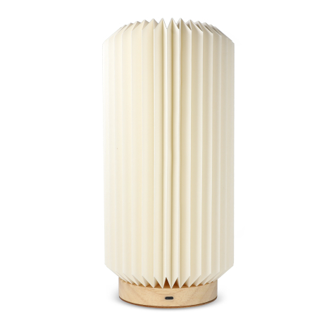 Lampe LED 32 cm : socle bois clair, structure pliable en papier et câble USB-C blanc présentés ensemble.