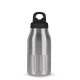 Bouteille isotherme 500 ml finition argent brossé en acier recyclé avec bouchon à clic noir et anse, vue de face. Bouteille isotherme 500 ml finition argent brossé en acier recyclé avec bouchon à clic noir et anse, vue de face.