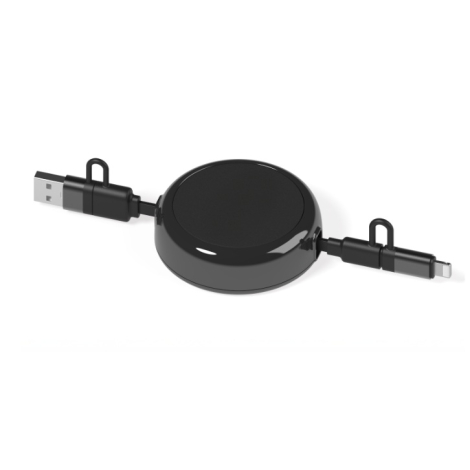 Câble rétractable noir présenté de face avec deux connecteurs