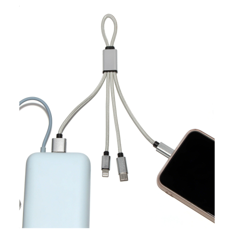 Câble argenté branché à une batterie externe et à un smartphone