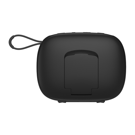 Vue arrière de l’enceinte noire avec clapet et boucle souple