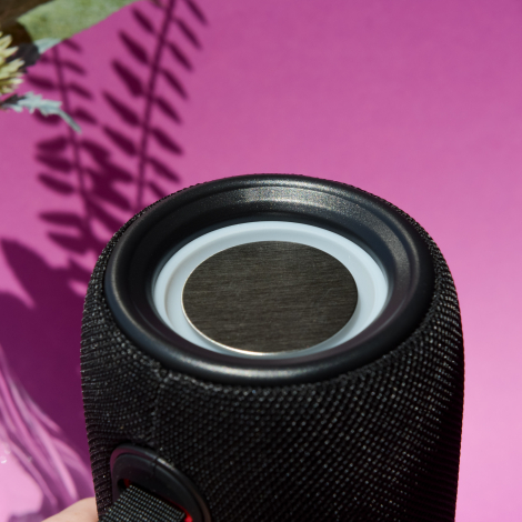 Gros plan sur l’extrémité circulaire de l’enceinte