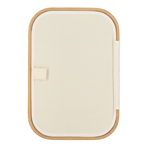 Couvercle rectangulaire vu de dessus, textile uniforme et bordure en bambou, aucune personnalisation apparente.