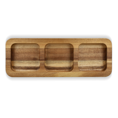 Plateau apéritif en acacia vu verticalement, trois compartiments creusés sur toute la longueur, aucune personnalisation apparent