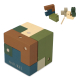 Cube casse-tête en bois composé de pièces géométriques colorées, assemblé et vu de face, marquage visible sur la grande pièce bl