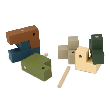 Pièces du casse-tête en bois complètement démontées, formes variées et goupilles séparées, aucune personnalisation apparente.