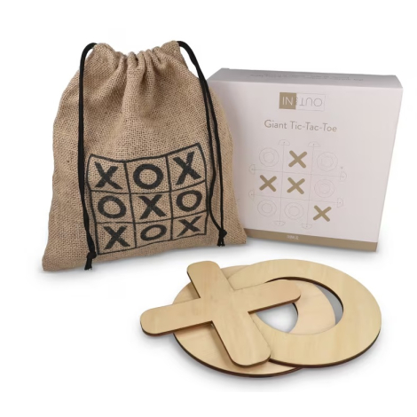 Pochette en toile et boîte de rangement posées à côté de plusieurs pièces X et O superposées, aucune personnalisation visible.