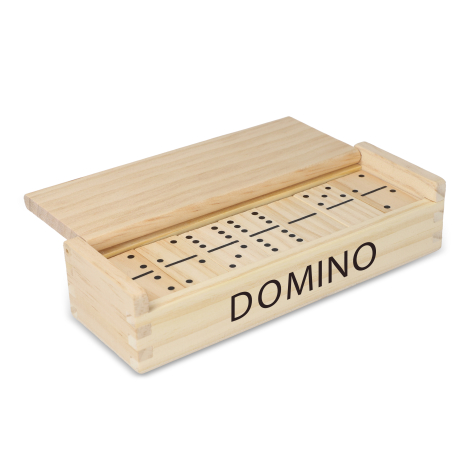 Coffret ouvert vu en perspective avec dominos alignés à l’intérieur, sans marquage apparent sur cette vue.