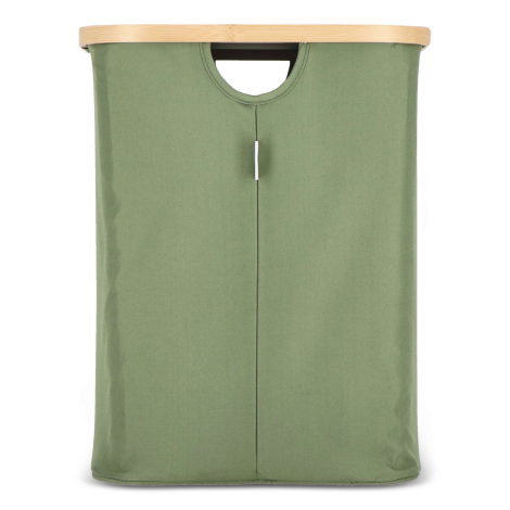 Panier pliant rPET Sogne fermé, vu de face, surface textile uniforme avec poignée découpée et bord supérieur en bambou, sans mar