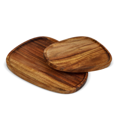 Deux plateaux en acacia superposés partiellement, surfaces lisses et rebords relevés visibles, aucune personnalisation apparente