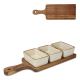 Plateau de service en acacia avec trois emplacements accueillant des bols céramique crème, présenté en plongée, marquage visible Plateau de service en acacia avec trois emplacements accueillant des bols céramique crème, présenté en plongée, marquage visible