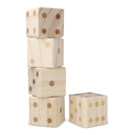 Empilement de dés en bois formant une colonne, accompagné d’un dé supplémentaire, aucune personnalisation visible sur cette vue.