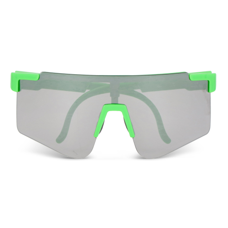 Lunettes de sport à monture verte vues de face, écran unique et éléments de maintien visibles, aucune personnalisation apparente