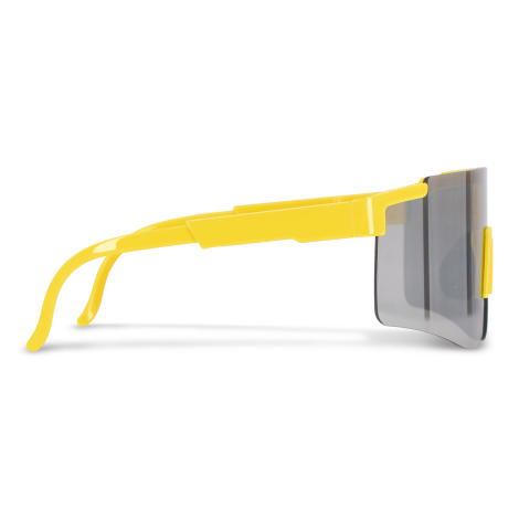 Lunettes de sport à monture jaune vues latéralement, branches courbées et design enveloppant visibles, sans marquage présent sur
