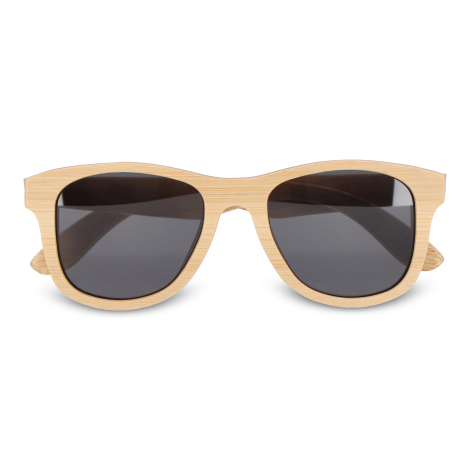 Lunettes en bambou vues de face, verres foncés et monture naturelle, aucune personnalisation apparente.