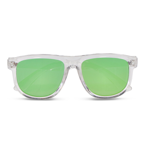 Lunettes translucides vues de face avec verres verts concaves, monture transparente et silhouette arrondie, aucune personnalisat