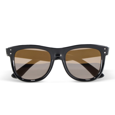 Lunettes noires vues de face avec verres bruns et monture épurée, aucune personnalisation apparente.