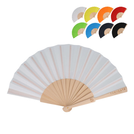 Éventail promotionnel coloré en bois et polyester recyclé