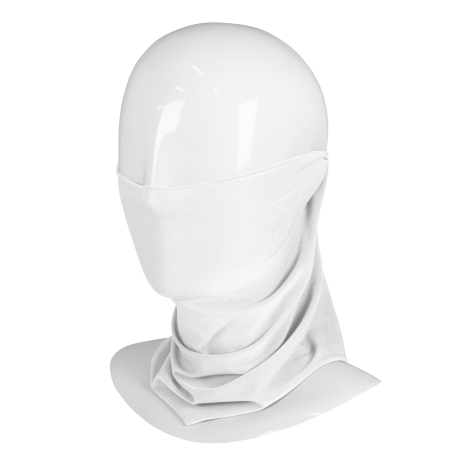 Écharpe multifonction en textile recyclé portée autour du cou et du visage, impression visible sur la face avant, marquage visib