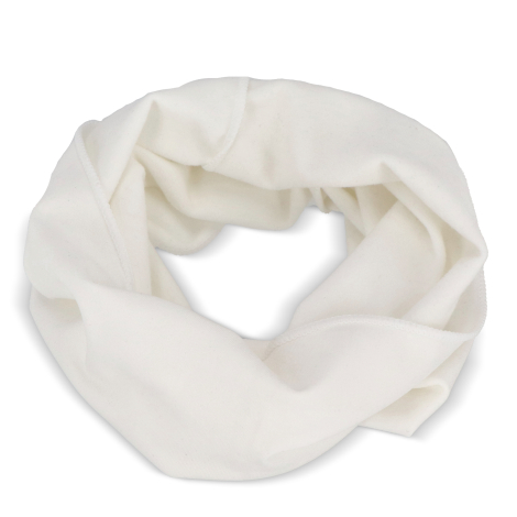 Écharpe tube multifonction blanche en polyester recyclé présentée à plat en position circulaire, matière et finitions visibles, 