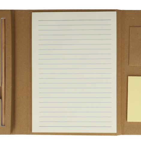 Détail de la zone centrale du coffret ouverte, bloc-notes et éléments de papeterie visibles, aucune personnalisation apparente.