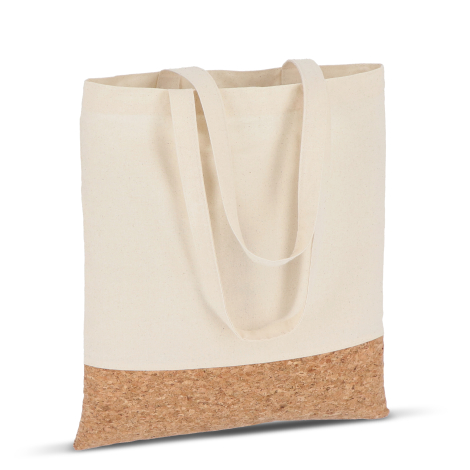 Sac cabas coton et liège vu de dos, surface textile et bande inférieure en liège visibles, sans marquage apparent.