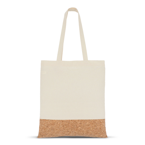 Sac cabas réutilisable suspendu par les anses, montrant la toile en coton et la base en liège, sans personnalisation visible.