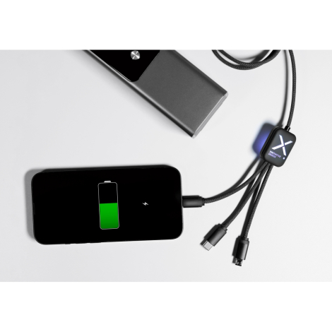 Câble de charge entièrement déployé sur fond blanc avec boîtier central rectangulaire et trois connecteurs distincts visibles, b