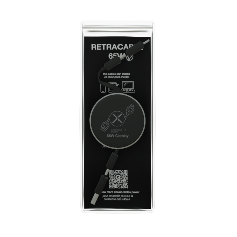 Câble et boîtier circulaire présentés dans un emballage plastique transparent vertical. Le boîtier est visible de face à travers