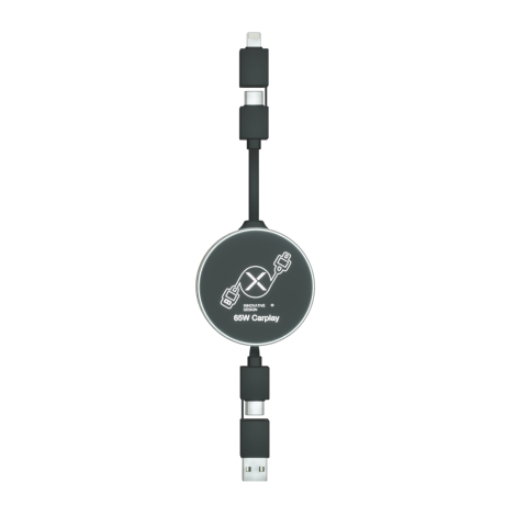 Vue frontale du boîtier circulaire centré sur fond blanc, avec les câbles alignés verticalement. La face avant du boîtier présen