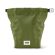 Sac lunch isotherme vert olive fermé sur fond blanc, fermeture par enroulement avec clip métallique sur le côté droit, étiquette