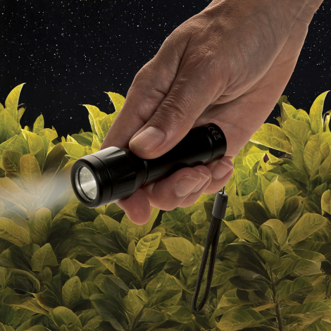 Lampe torche rechargeable tenue à la main en environnement extérieur sombre avec faisceau lumineux allumé vers l’avant, dragonne