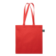 Sac shopping en coton rouge présenté à plat sur fond blanc avec longues anses cousues et étiquette latérale visible, aucune pers Sac shopping en coton rouge présenté à plat sur fond blanc avec longues anses cousues et étiquette latérale visible, aucune pers