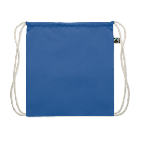 Sac à dos à cordon en coton bleu présenté à plat sur fond blanc avec cordons écrus et surface unie, aucune personnalisation appa