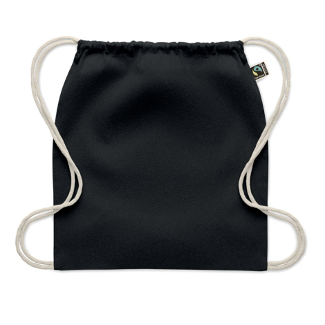 Sac à dos à cordon en coton noir présenté sur fond blanc, cordons écrus et face arrière unie visibles, sans marquage visible