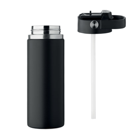 Bouteille et couvercle séparés présentés sur fond blanc, paille fixée au couvercle visible et corps sans marquage visible