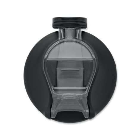 Vue de dessus du couvercle circulaire montrant le mécanisme de fermeture, le clapet transparent et les éléments de verrouillage,